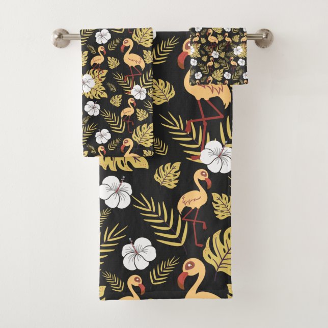 Flamingo seamless pattern yellow and white flowers bath towel set (Insitu)