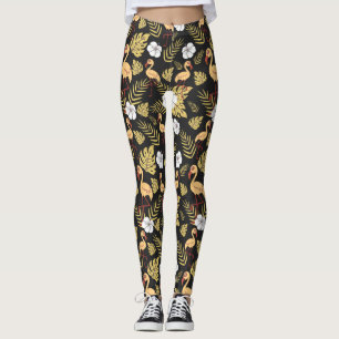 Flamingo seamless pattern yellow and white flowers leggings