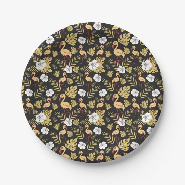 Flamingo seamless pattern yellow and white flowers paper plate (Front)