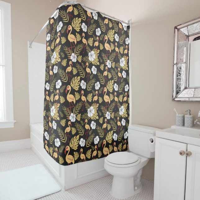 Flamingo seamless pattern yellow and white flowers shower curtain (In Situ)