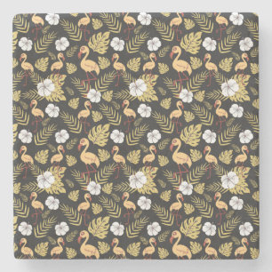 Flamingo seamless pattern yellow and white flowers stone coaster