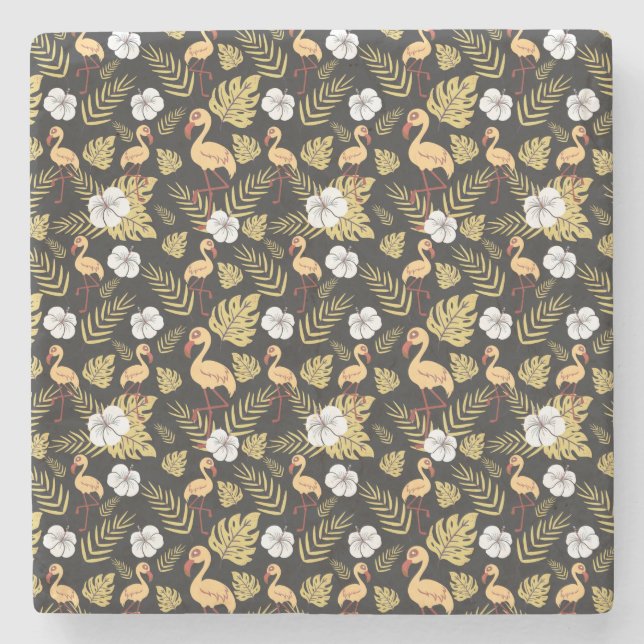 Flamingo seamless pattern yellow and white flowers stone coaster (Front)
