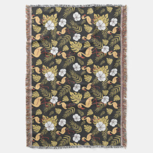 Flamingo seamless pattern yellow and white flowers throw blanket