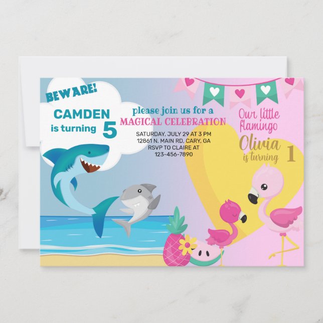 Flamingo & shark siblings birthday invitation. invitation (Front)
