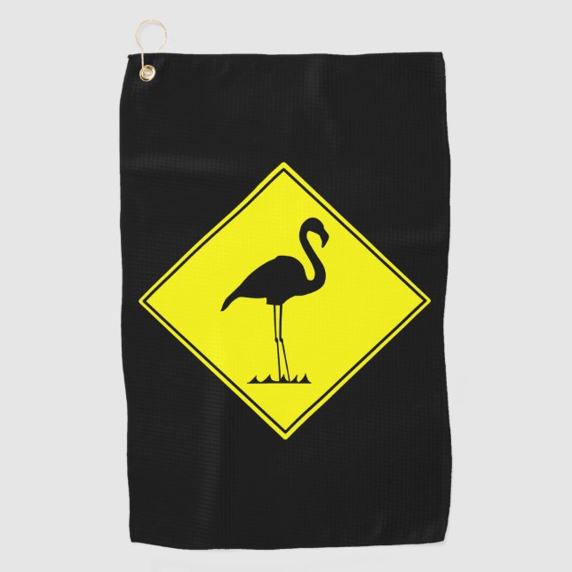 Flamingo Silhouette Road Sign Golf Towel (Front)