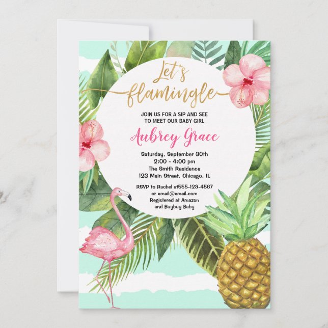 Flamingo sip and see Tropical meet greet baby girl Invitation (Front)