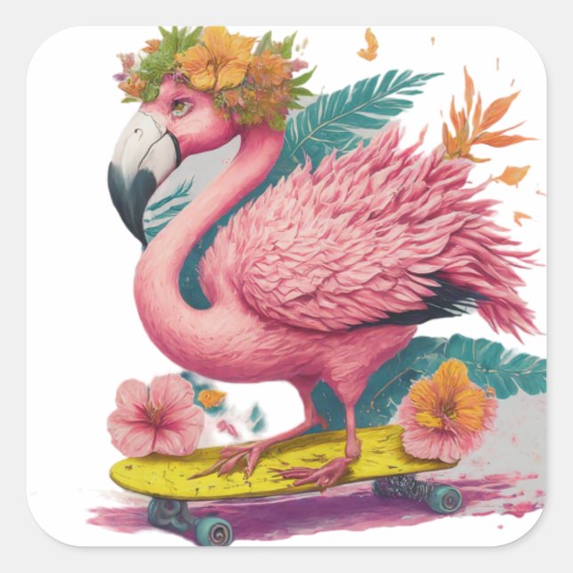 Flamingo Skater - Tropical Skateboard Vibes Square Sticker (Front)