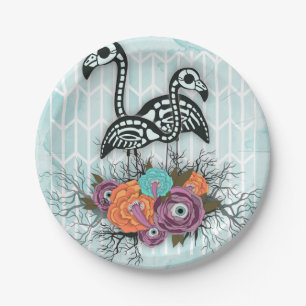 Flamingo Skeleton Halloween Composition Paper Plate