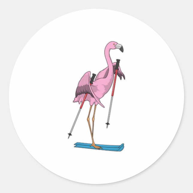 Flamingo Skier Ski Classic Round Sticker (Front)