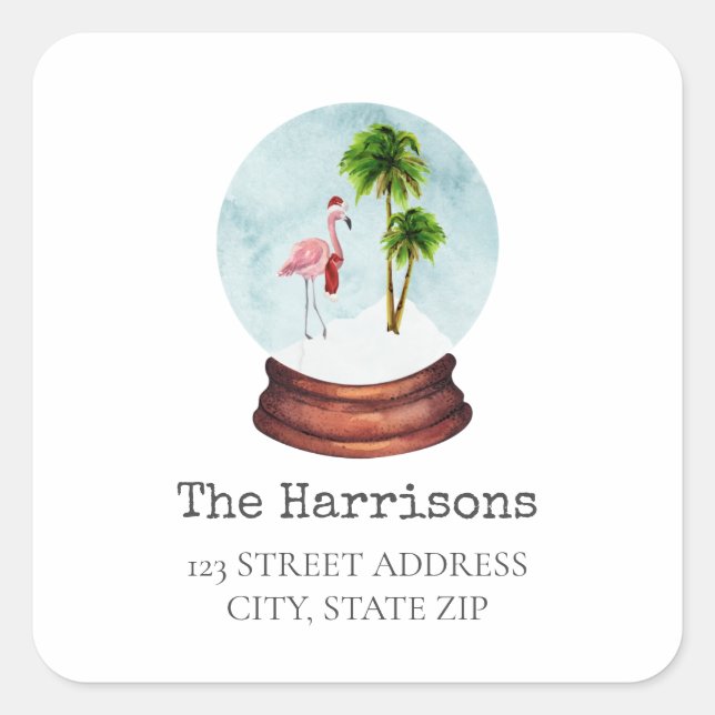 Flamingo Snow Globe Christmas Address Square Sticker (Front)