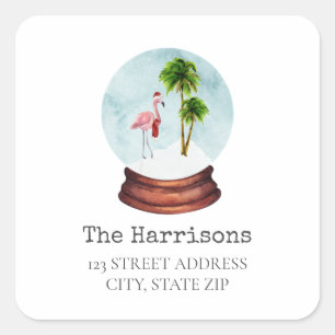 Flamingo Snow Globe Christmas Address Square Sticker