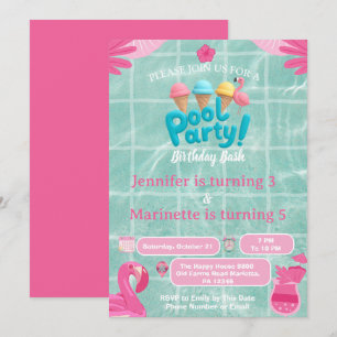 Flamingo Splash joint Pool Party birthday kids Invitation