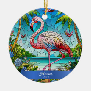 Flamingo Stained Glass Look Personalised Tropical Ceramic Ornament