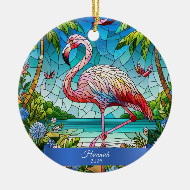Flamingo Stained Glass Look Personalised Tropical Ceramic Ornament (Front)