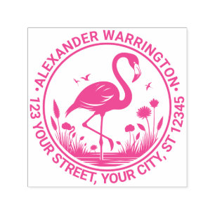 Flamingo Standing, Flowers Name Return Address  Self-inking Stamp
