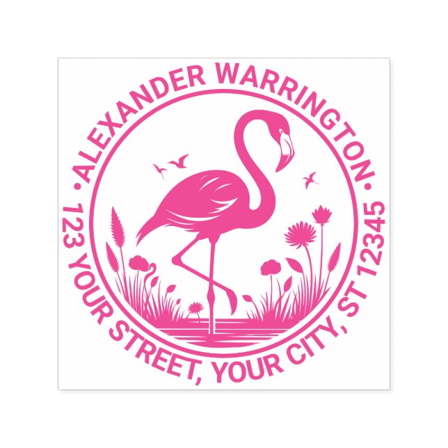 Flamingo Standing, Flowers Name Return Address  Self-inking Stamp (Design)