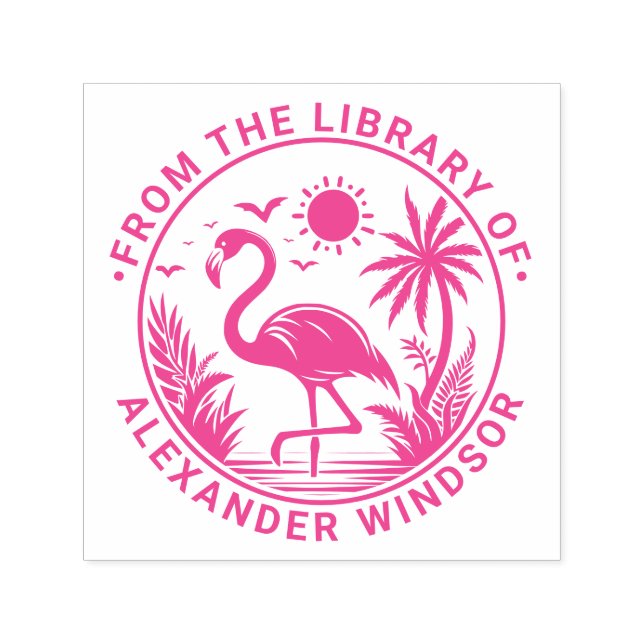 Flamingo Standing Palm Trees Sun Library Book Name Self-inking Stamp (Design)