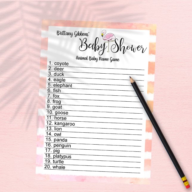 Flamingo Stripes Baby Shower Animal Baby Name Game Invitation (Creator Uploaded)