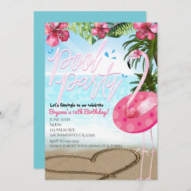 Flamingo Summer Birthday POOL PARTY Invitations (Front/Back)