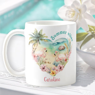 Flamingo, summer heart, tropical name coffee mug