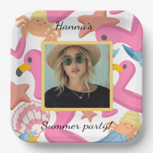 Flamingo summer party photo paper plate