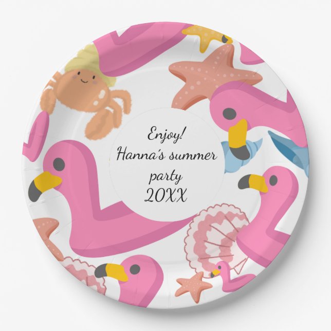 Flamingo summer party text paper plate (Front)