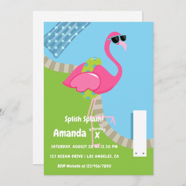  Flamingo Summer Splish Splash Kids Birthday Party Invitation (Front/Back)