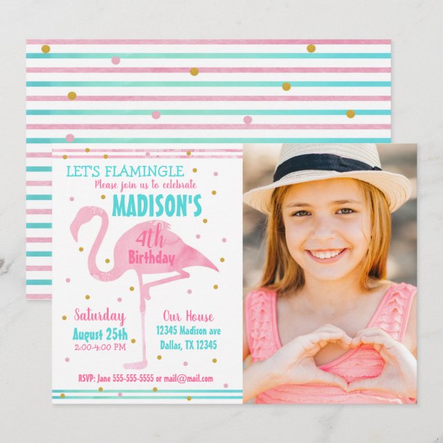 Flamingo Summer Tropical Birthday Photo Invitation (Front/Back)