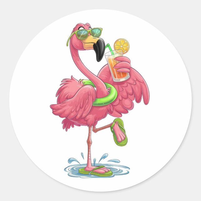 Flamingo Summer Vacation Classic Round Sticker (Front)