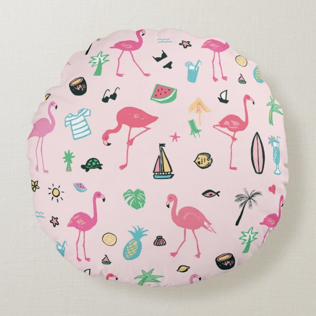 Flamingo Summer: Vibrant Bird Pattern Round Cushion (Front)