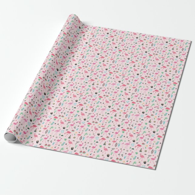 Flamingo Summer: Vibrant Bird Pattern Wrapping Paper (Unrolled)