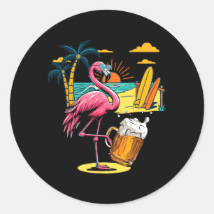 Flamingo Sunglasses Drinking Beer On Beach Funny Classic Round Sticker