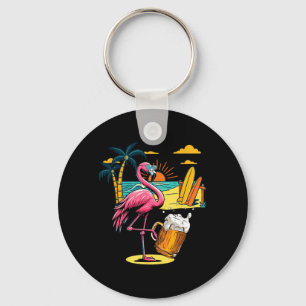 Flamingo Sunglasses Drinking Beer On Beach Funny Key Ring
