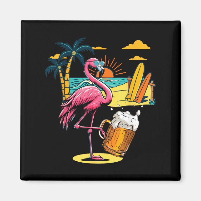 Flamingo Sunglasses Drinking Beer On Beach Funny Magnet (Front)