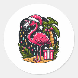Flamingo Sungles Xmas Beach Tropical Christmas In  Classic Round Sticker