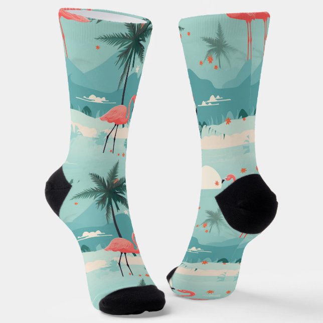 Flamingo Sunset - Aqua Tropical Paradise Pattern Socks (Angled)