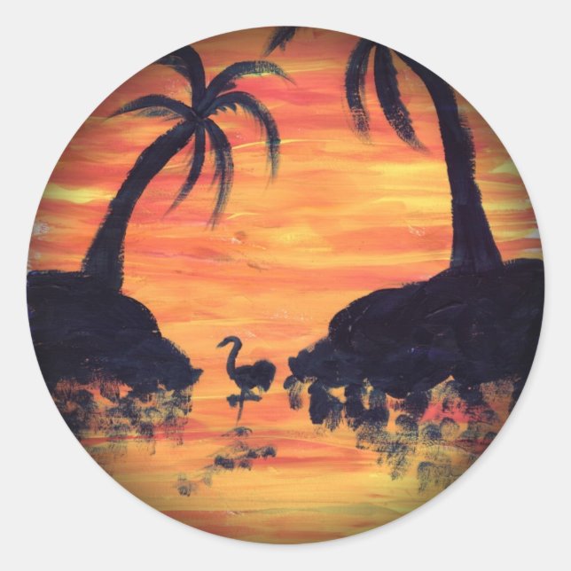 Flamingo Sunset art by EelKat Classic Round Sticker (Front)