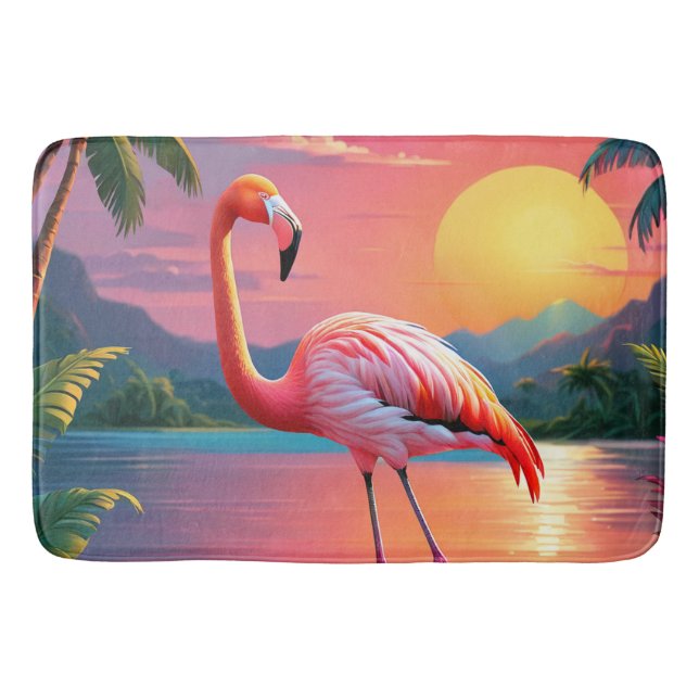 Flamingo Sunset Tropical Beach  Bath Mat (Front)