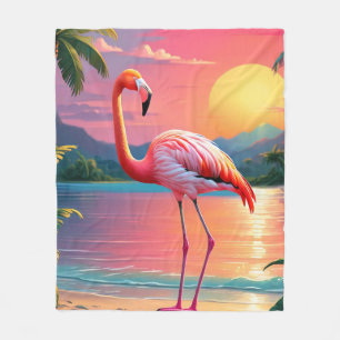 Flamingo Sunset Tropical Beach Fleece Blanket