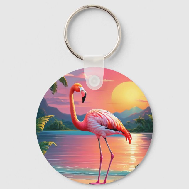 Flamingo Sunset Tropical Beach  Key Ring (Front)
