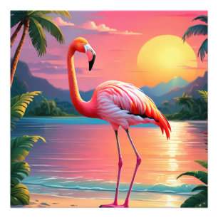 Flamingo Sunset Tropical Beach Photo Print