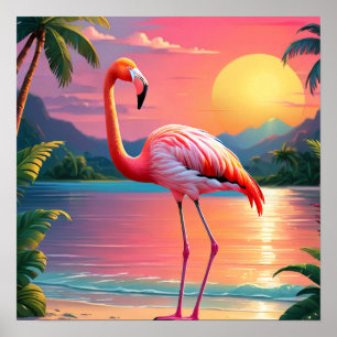 Flamingo Sunset Tropical Beach Poster
