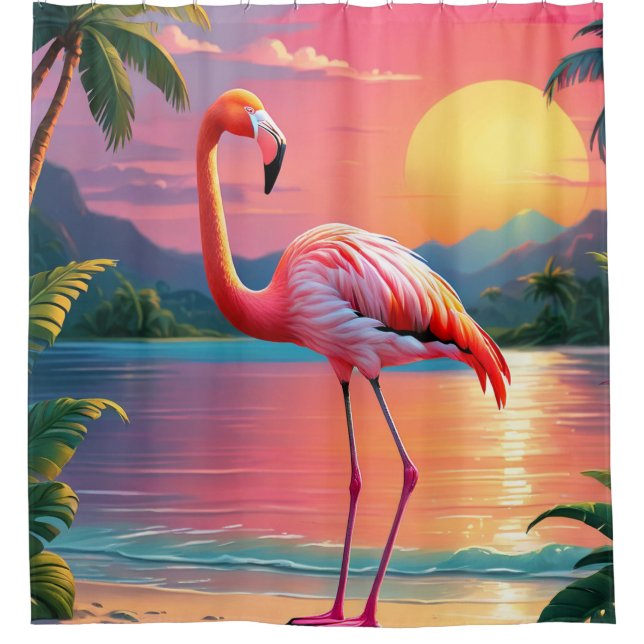 Flamingo Sunset Tropical Beach  Shower Curtain (Front)