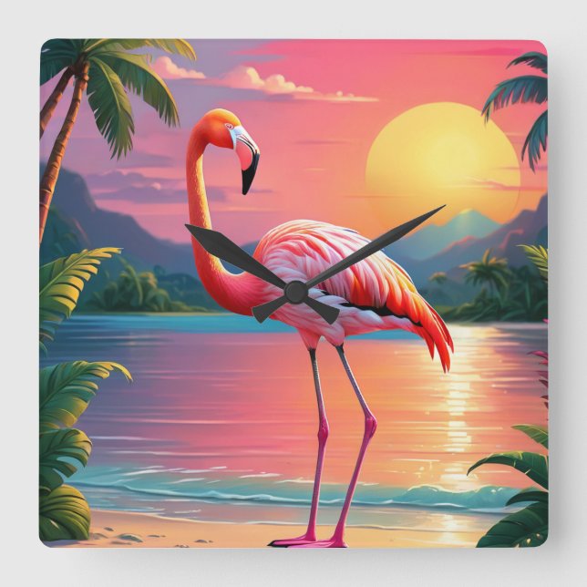 Flamingo Sunset Tropical Beach  Square Wall Clock (Front)