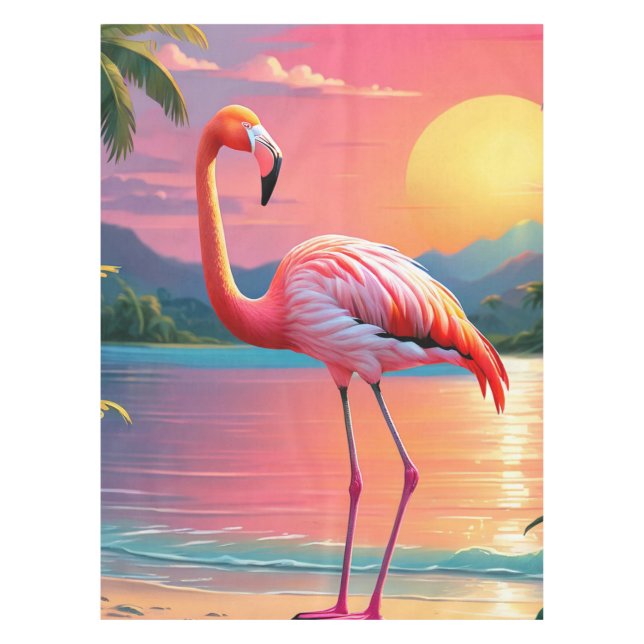 Flamingo Sunset Tropical Beach  Tablecloth (Front)