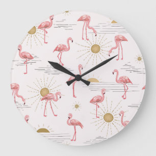 Flamingo sunset: vintage doodle pattern. large clock