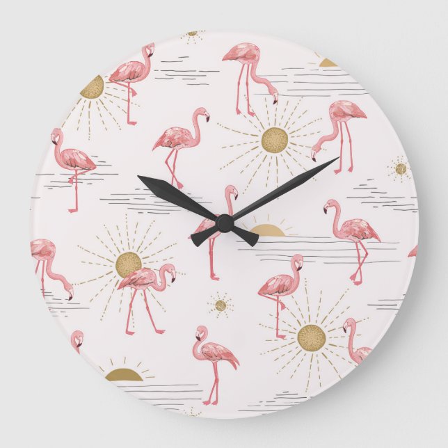 Flamingo sunset: vintage doodle pattern. large clock (Front)