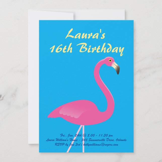Flamingo Sweet 16 Birthday Party Invitation - Blue (Front)