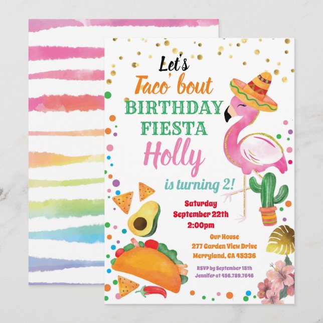 Flamingo Taco Fiesta Girl Birthday Party Invitation (Front/Back)