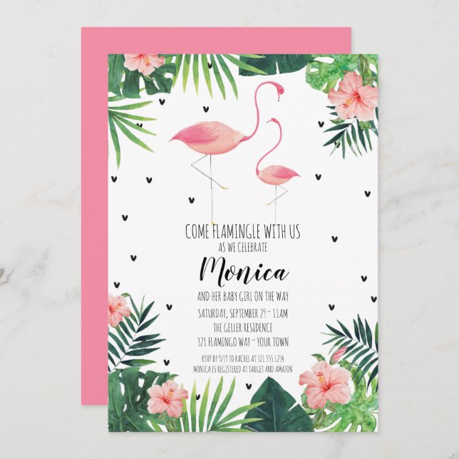 Flamingo Themed Baby Shower Invitation (Front/Back)